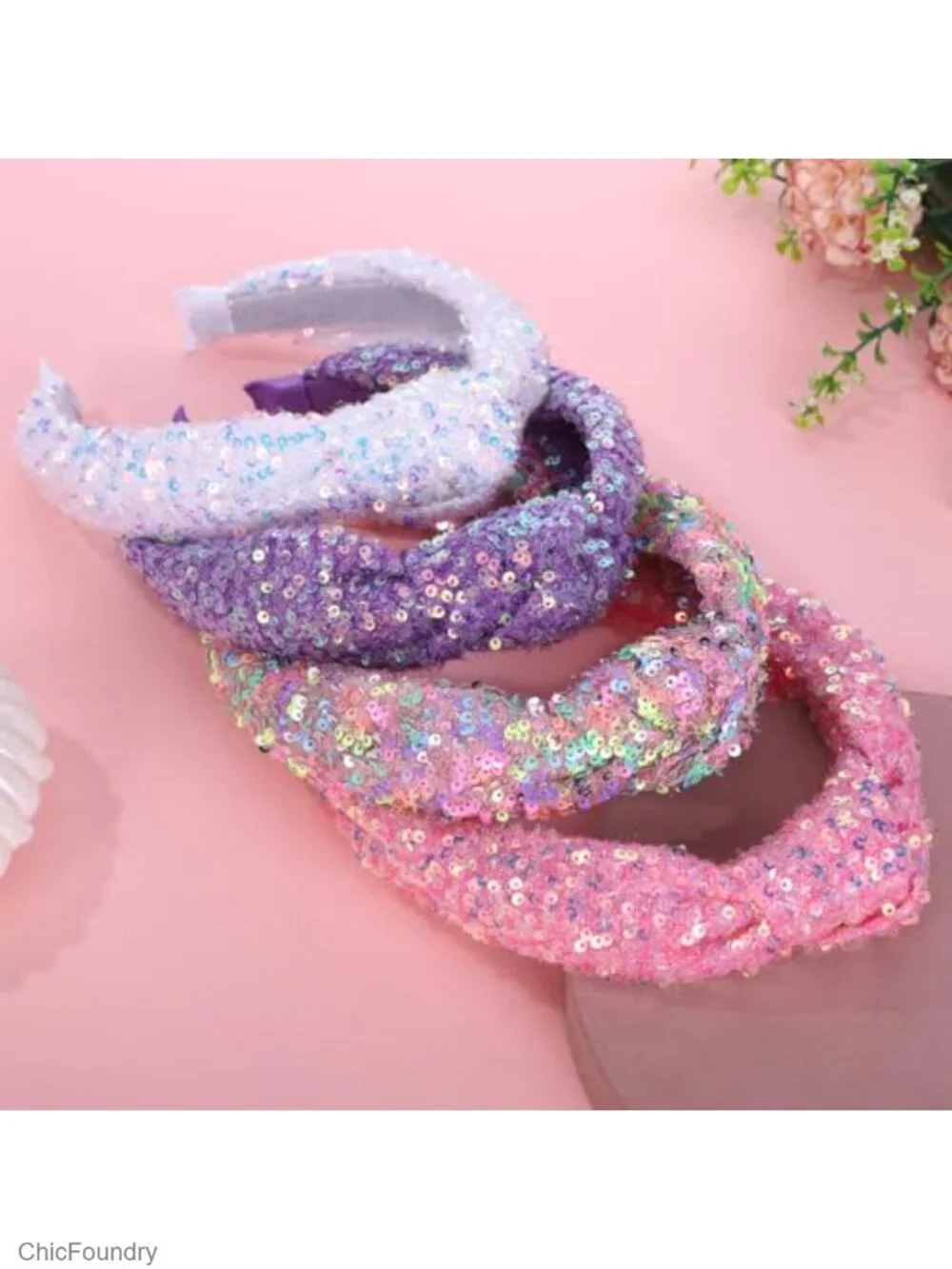 Sequin Headbands for Girls 4 Pack Stretchy Knotted Glitter Hair Bows